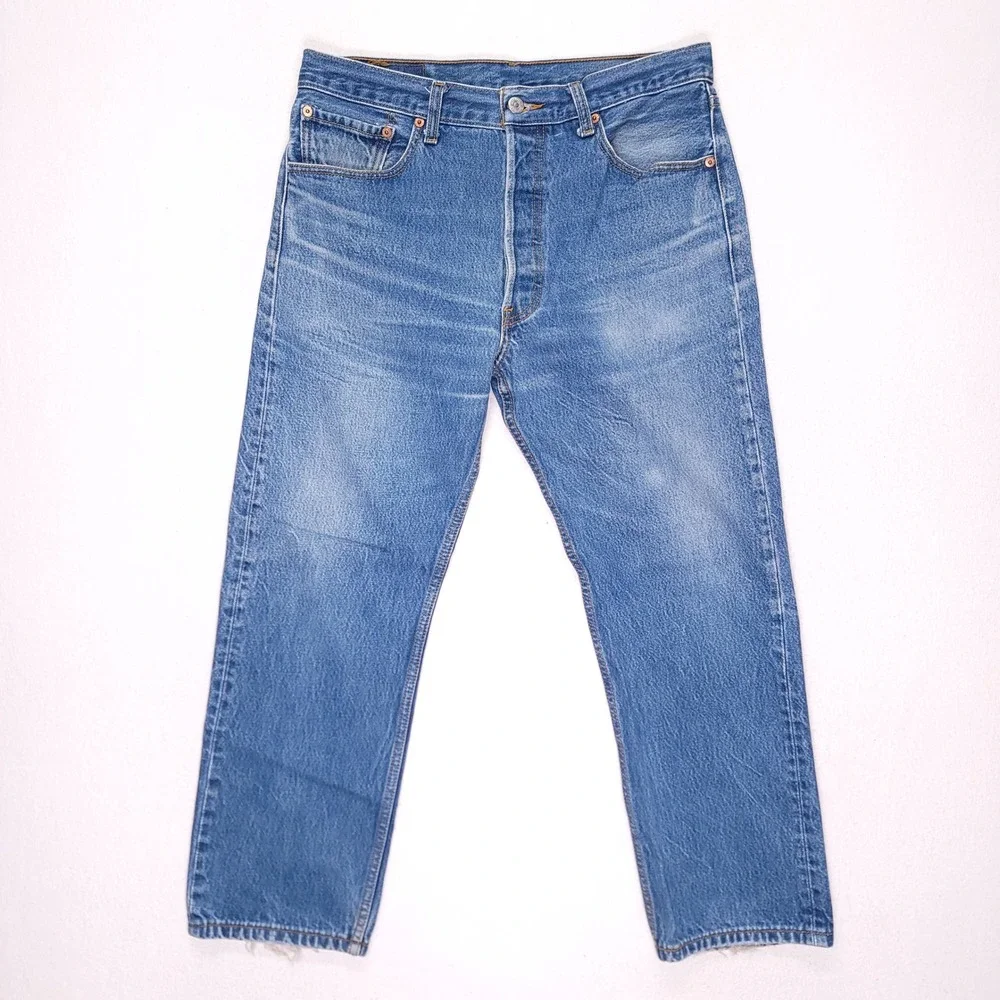 Levis 501 Mens Blue Medium Wash Straight Leg Button Fly Denim Jeans W32 L27